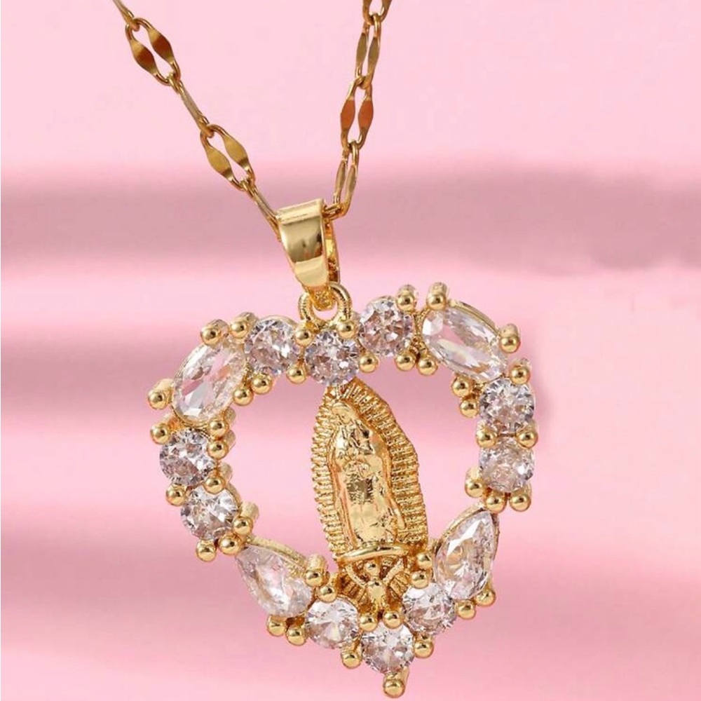 Gold Heart Pendant Necklace with Virgin Mary Charm - Gold